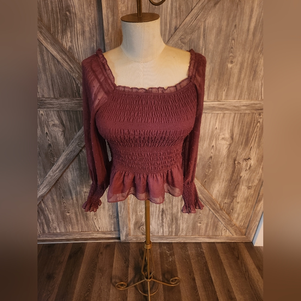 She &Sky Elegant Burgundy Peplum Top